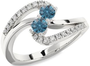 Blue Diamond Silver Round Two Stone Ring
