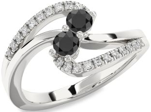 Diamond Black Onyx Silver Round Two Stone Ring