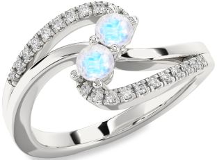 Diamond Moonstone Silver Round Two Stone Ring