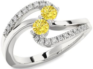Yellow Diamond Silver Round Two Stone Ring
