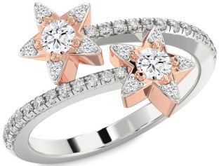Diamond Platinum & Rose Gold Star Round Two Stone Ring