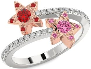 Diamond Silver & 10K Rose Gold Star Round Two Stone Pave Promise Ring