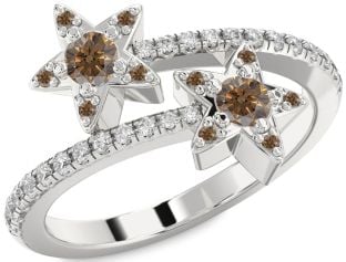 Chocolate Brown Diamond Silver Star Round Two Stone Pave Ring
