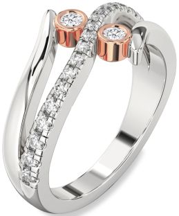 Diamond Silver & 10K Rose Gold Round Two Stone Ring