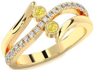Yellow Diamond Gold Silver Round Two Stone Ring