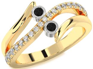 Black Diamond Gold Silver Round Two Stone Ring