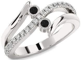 Black Diamond Silver Round Two Stone Ring