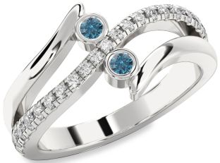 Blue Diamond Silver Round Two Stone Ring