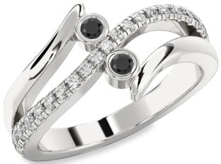 Diamond Black Onyx Silver Round Two Stone Ring