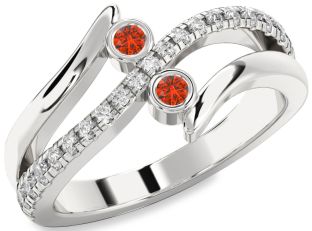 Diamond Fire Opal Silver Round Two Stone Ring