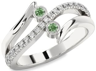 Green Diamond Silver Round Two Stone Ring