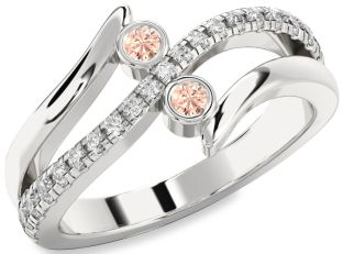 Diamond Morganite Silver Round Two Stone Ring