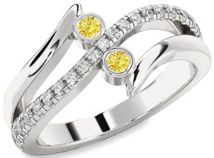 Yellow Diamond Silver Round Two Stone Ring