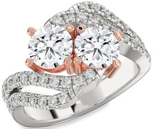 Diamond Silver & 10K Rose Gold Round Two Stone Ring