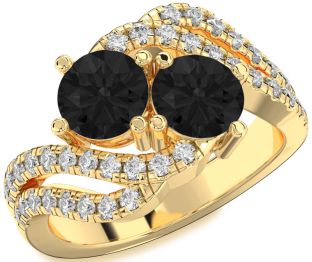 Black Diamond Gold Silver Round Two Stone Ring