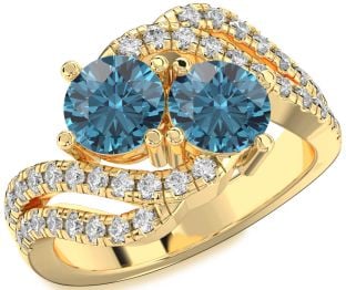 Blue Diamond Gold Silver Round Two Stone Ring