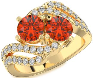 Diamond Fire Opal Gold Silver Round Two Stone Ring