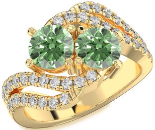 Green Diamond Gold Silver Round Two Stone Ring