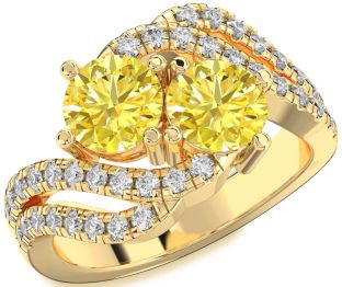 Yellow Diamond Gold Silver Round Two Stone Ring