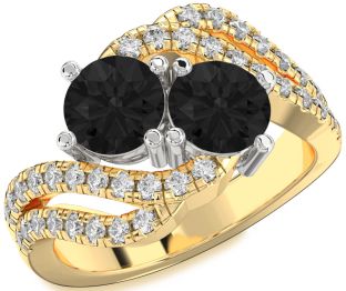 Black Diamond Gold Silver Round Two Stone Ring