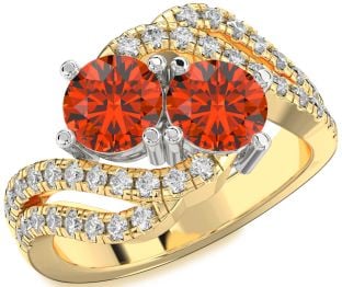 Diamond Fire Opal Gold Silver Round Two Stone Ring