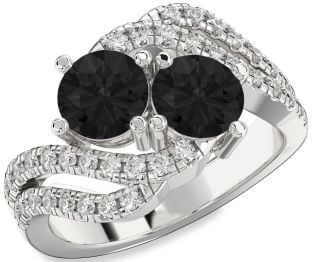 Black Diamond Silver Round Two Stone Ring