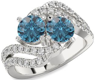 Blue Diamond Silver Round Two Stone Ring