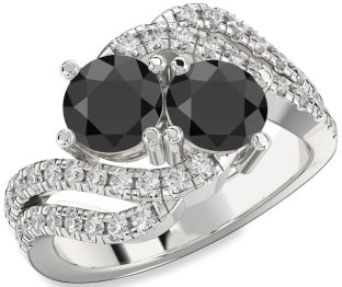 Diamond Black Onyx Silver Round Two Stone Ring
