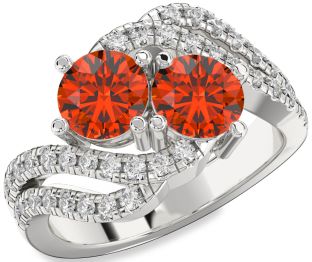 Diamond Fire Opal Silver Round Two Stone Ring