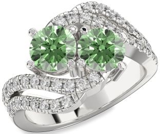 Green Diamond Silver Round Two Stone Ring