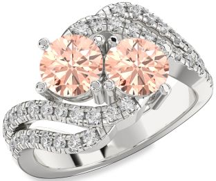 Diamond Morganite Silver Round Two Stone Ring