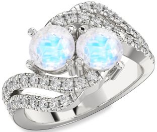 Diamond Moonstone Silver Round Two Stone Ring