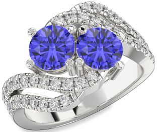 Diamond Tanzanite Silver Round Two Stone Ring
