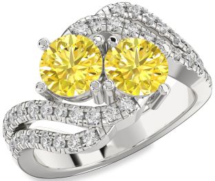 Yellow Diamond Silver Round Two Stone Ring
