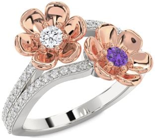 Diamond Rose Gold Silver Flower Round Two Stone Promise Ring