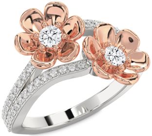 Diamond Silver & 10K Rose Gold Flower Round Two Stone Ring
