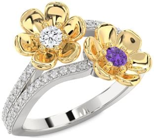 Diamond Gold Silver Flower Round Two Stone Promise Ring