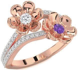 Diamond Rose Gold Silver Flower Round Two Stone Promise Ring