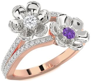 Diamond Rose Gold Silver Flower Round Two Stone Promise Ring