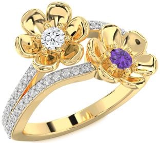 Diamond Gold Silver Flower Round Two Stone Promise Ring