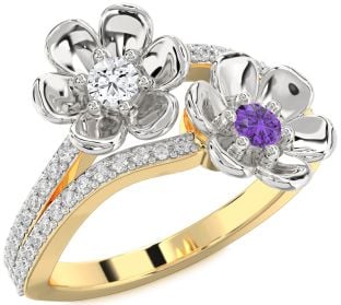 Diamond Gold Silver Flower Round Two Stone Promise Ring