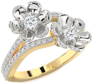 Diamond White Yellow Gold Flower Round Two Stone Ring