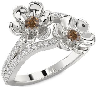 Chocolate Brown Diamond Silver Flower Round Two Stone Ring
