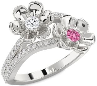 Diamond Silver Flower Round Two Stone Promise Ring