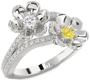Diamond Silver Flower Round Two Stone Promise Ring