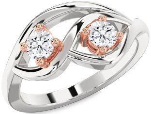 Diamond Silver & 10K Rose Gold Round Two Stone Ring