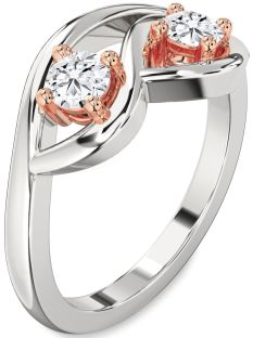 Diamond Silver & 10K Rose Gold Round Two Stone Ring