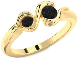Black Diamond Gold Silver Round Two Stone Ring