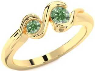 Green Diamond Gold Silver Round Two Stone Ring