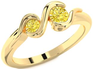 Yellow Diamond Gold Silver Round Two Stone Ring